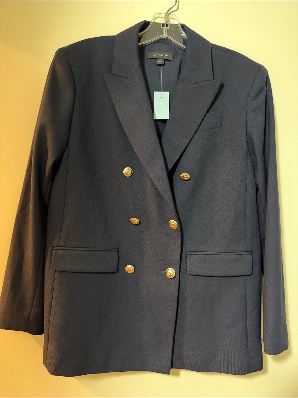 Ann Taylor Double-Breasted Navy Blazer with Gold Buttons